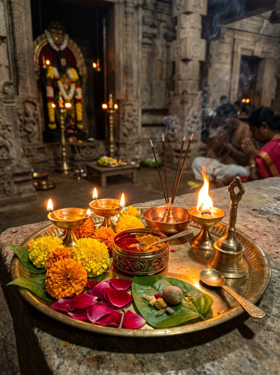 Auspicious Pooja Thali & Brass Deepam